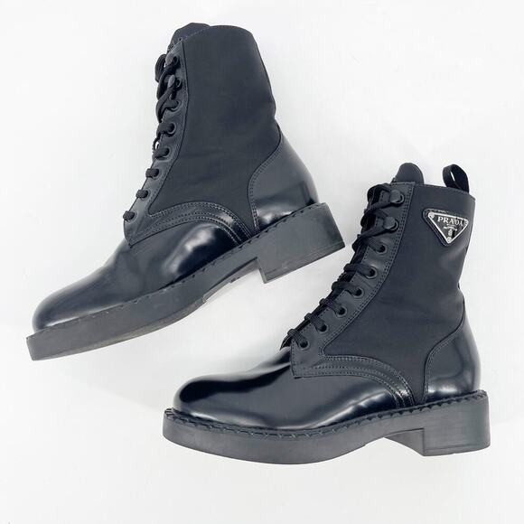 Prada Black Spazzolato Re-Nylon Metal Triangle Logo Combat Ankle Boot size IT 36 - Picture 5 of 14